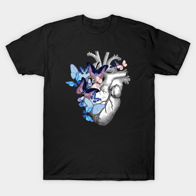 Heart Human Anatomy blue butterflies T-Shirt by Collagedream